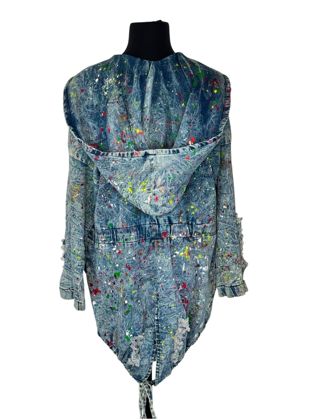 Unique Denim Distressed Upcycled Vintage Hooded Jacket W/paint Splatter XL - Picture 3 of 6